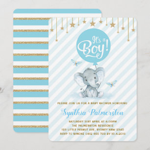 Blue Gold Elephant Baby shower Twinkle Star Uitnod Kaart