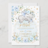 Blue Gold Elephant Floral Moon Stars Baby shower Kaart (Voorkant)