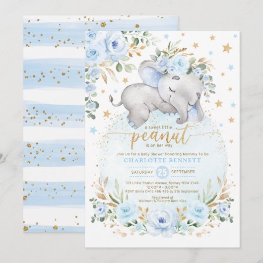 Blue Gold Elephant Floral Moon Stars Baby shower Kaart (Voorkant / Achterkant)
