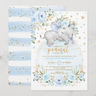 Blue Gold Elephant Floral Moon Stars Baby shower Kaart