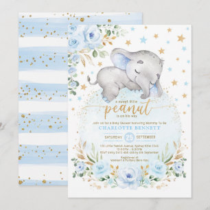 Blue Gold Elephant Moon Stars Boy Baby shower Kaart
