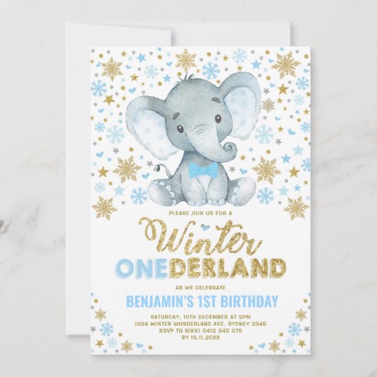 Blue Gold Elephant Winter ONEderland Snowflake Kaart (Voorkant)