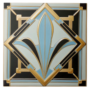 Blue Gold en Black Art Deco Keramische Tegel. Tegeltje
