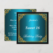 Blue Gold en Black Sweet 16 Birthday Party Kaart (Voorkant / Achterkant)