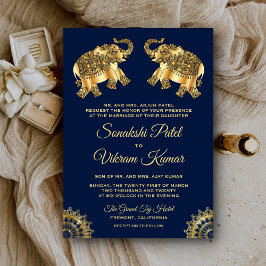 Blue Gold Ethnic Elephants Indian Wedding Invite Kaart