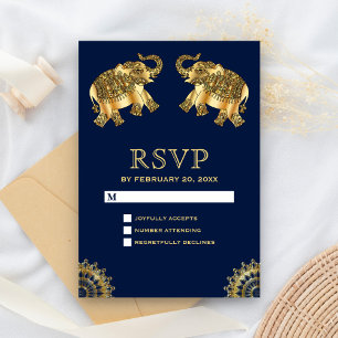 Blue Gold Etnische Olifanten Indian RSVP Kaartje