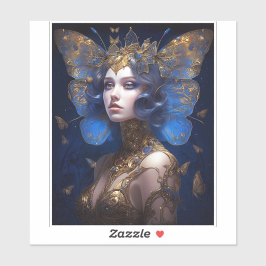 Blue Gold Fairy Fantasy Art Sticker (Vel)