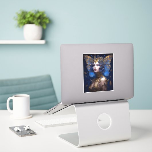 Blue Gold Fairy Fantasy Art Sticker (Laptop op bureau)