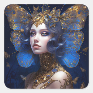 Blue Gold Fairy Fantasy Art Vierkante Sticker