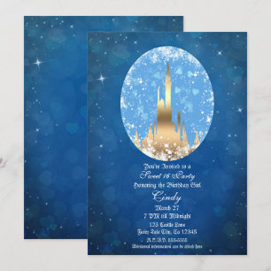 Blue Gold Fairy Tale Castle Sparkle Sweet 16 Kaart