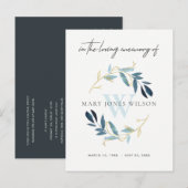 BLUE GOLD FAUNA WREATH SYMPATHY MEMORIAL SERVICE UITNODIGING BRIEFKAART (Voorkant / Achterkant)