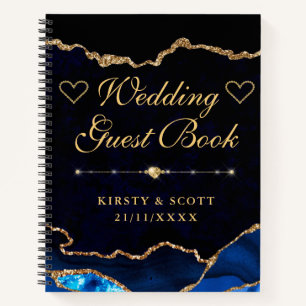 Blue Gold Faux Glitter Agate Wedding Guest Book Notitieboek