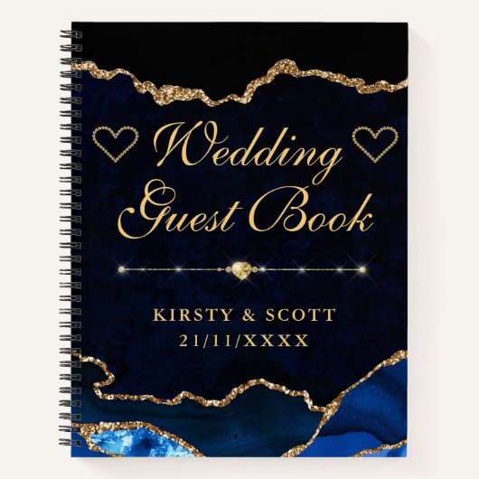 Blue Gold Faux Glitter Agate Wedding Guest Book Notitieboek (Voorkant)