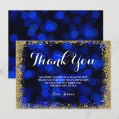 Blue Gold Faux Glitter Lights Sweet 16 Bedankkaart (Voorkant / Achterkant)