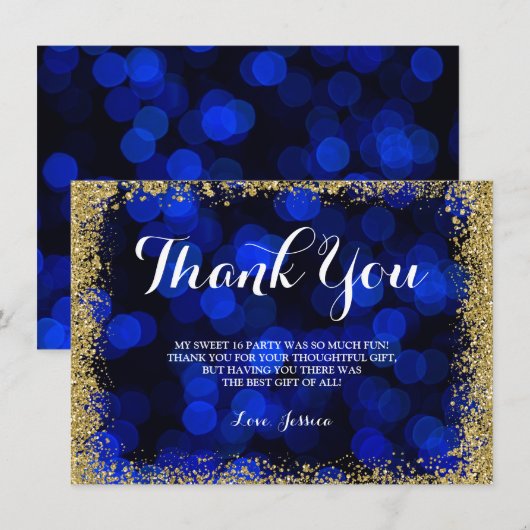 Blue Gold Faux Glitter Lights Sweet 16 Bedankkaart (Voorkant / Achterkant)