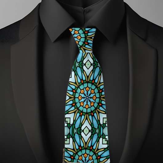 Blue Gold Faux Stained Glass Kaleidoscope Necktie Stropdas