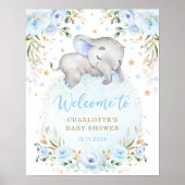 Blue Gold Floral Elephant Boy Baby shower Welkom Poster (Voorkant)