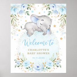 Blue Gold Floral Elephant Boy Baby shower Welkom Poster