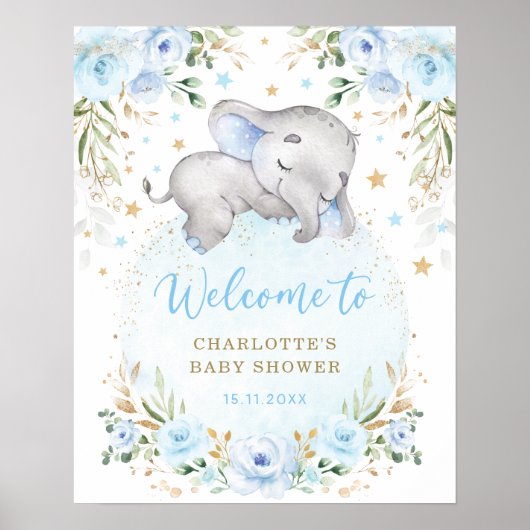 Blue Gold Floral Elephant Boy Baby shower Welkom Poster (Voorkant)