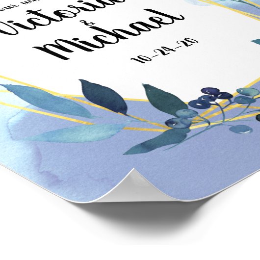 Blue Gold Floral Geometric Reception Weddenschap Poster (Hoek)