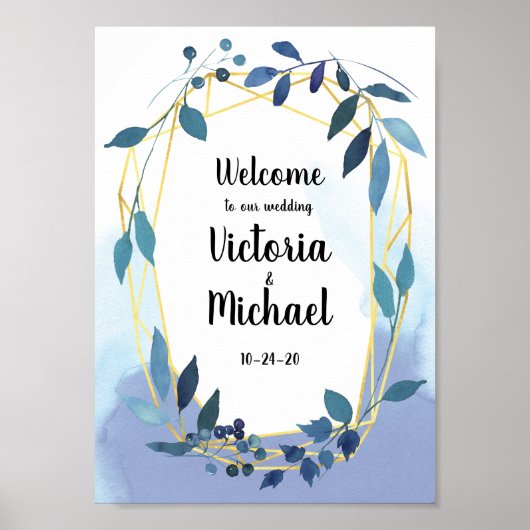 Blue Gold Floral Geometric Reception Weddenschap Poster (Voorkant)