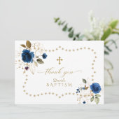 Blue Gold Floral Glitter Lijst Boy Baptisme Bedankkaart (Staand voorkant)