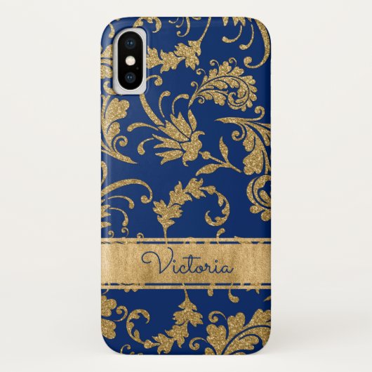 Blue, Gold Floral Hoesje-Mate iPhone X Hoesje (Achterkant)