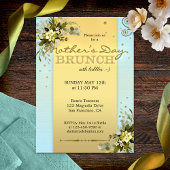 Blue Gold Floral Moederdag Brunch Uitnodiging