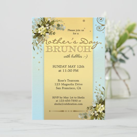 Blue Gold Floral Moederdag Brunch Uitnodiging (Staand voorkant)