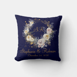 Blue Gold Floral Monogram Logo Wedding Gift Kussen