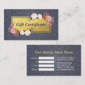 Blue Gold Floral Salon Boutique Gift Certificate Kortingskaartje (Voorkant / Achterkant)