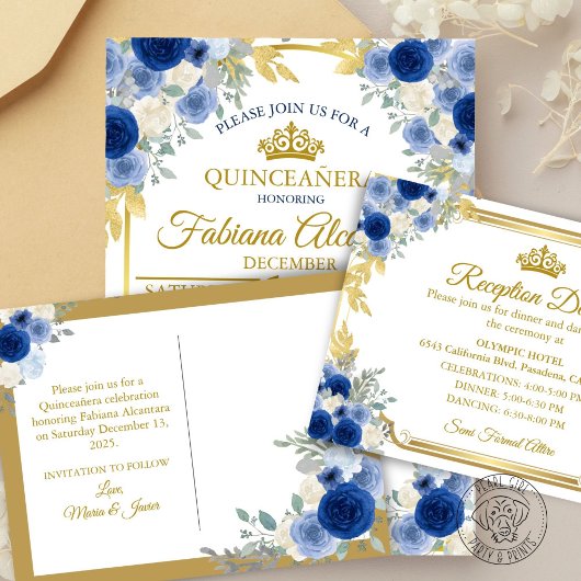 Blue & Gold Floral Save the Date Aankondigingskaart