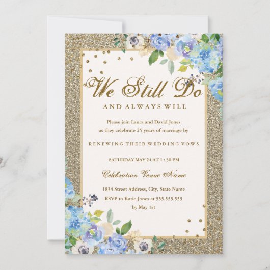 Blue Gold Floral Sparkle Vow Renewal Jubileum Kaart (Voorkant)