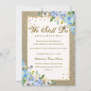 Blue Gold Floral Sparkle Vow Renewal Jubileum Kaart