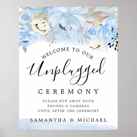 Blue Gold Floral Unplugged Wedding Ceremony Sign Poster (Voorkant)