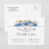 Blue Gold Floral Wedding Aankondigingskaart (Voorkant / Achterkant)