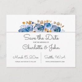 Blue Gold Floral Wedding Aankondigingskaart
