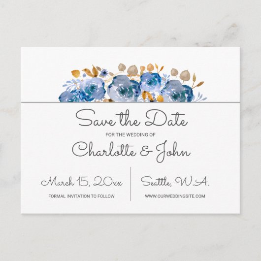 Blue Gold Floral Wedding Aankondigingskaart (Voorkant)
