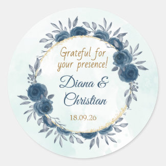 Blue Gold Floral Wedding Sticker Elegant Circle