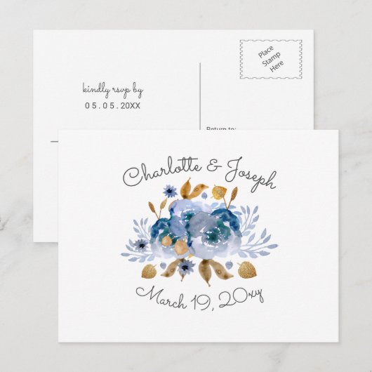 Blue Gold Floral Wedding Uitnodiging Briefkaart (Voorkant / Achterkant)