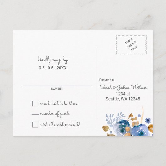 Blue Gold Floral Wedding Uitnodiging Briefkaart (Achterkant)