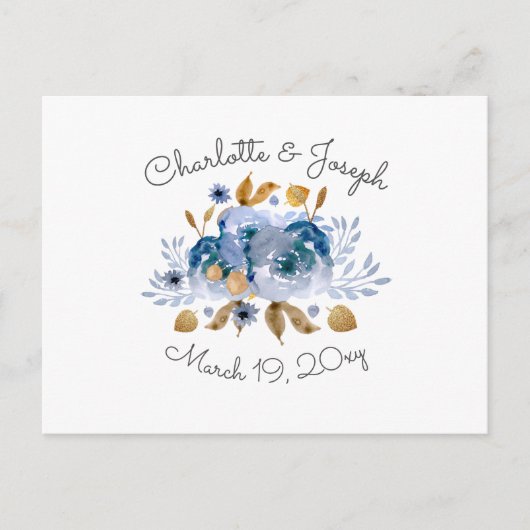 Blue Gold Floral Wedding Uitnodiging Briefkaart (Voorkant)