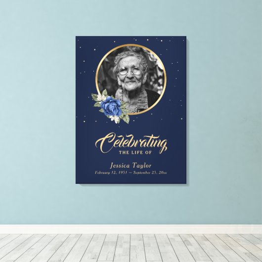 Blue Gold Floral - Welkomstfoto Canvas Afdruk (Insitu (Houten vloer))