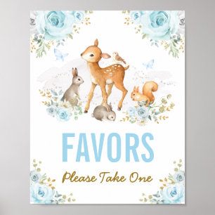 Blue Gold Floral Woodland Animals Favors Sign Poster