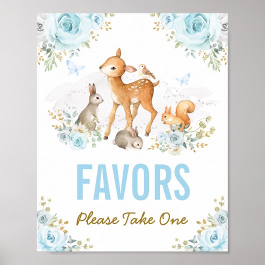 Blue Gold Floral Woodland Animals Favors Sign Poster (Voorkant)