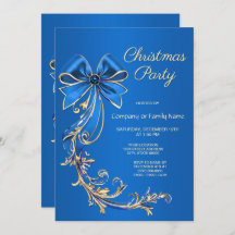 Blue Gold Flower Christmas Party Uitnodiging