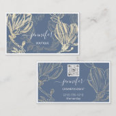 Blue Gold Flower Framed QR Code Framed Logo Visitekaartje (Voorkant / Achterkant)