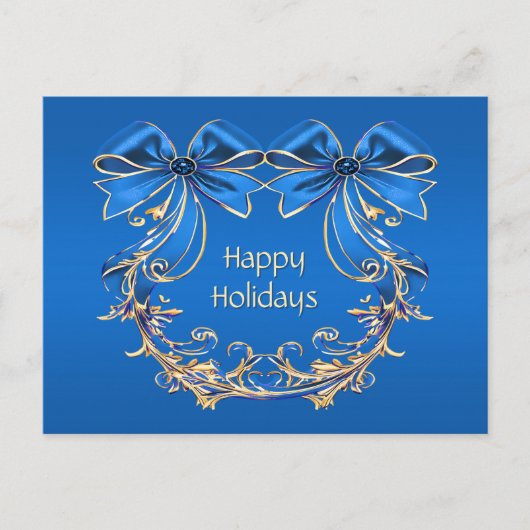 Blue Gold Flowers Holiday Christmas Briefkaart (Voorkant)