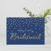 Blue & Gold Foil Confetti Stippen BRIDESMAID KAART (Staand voorkant)