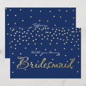 Blue & Gold Foil Confetti Stippen BRIDESMAID KAART (Voorkant / Achterkant)
